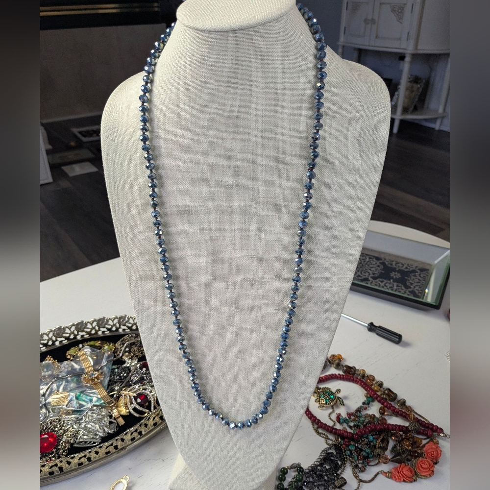 Long Gray Blue Beautiful Crystal Bead Necklace Hand Knotted